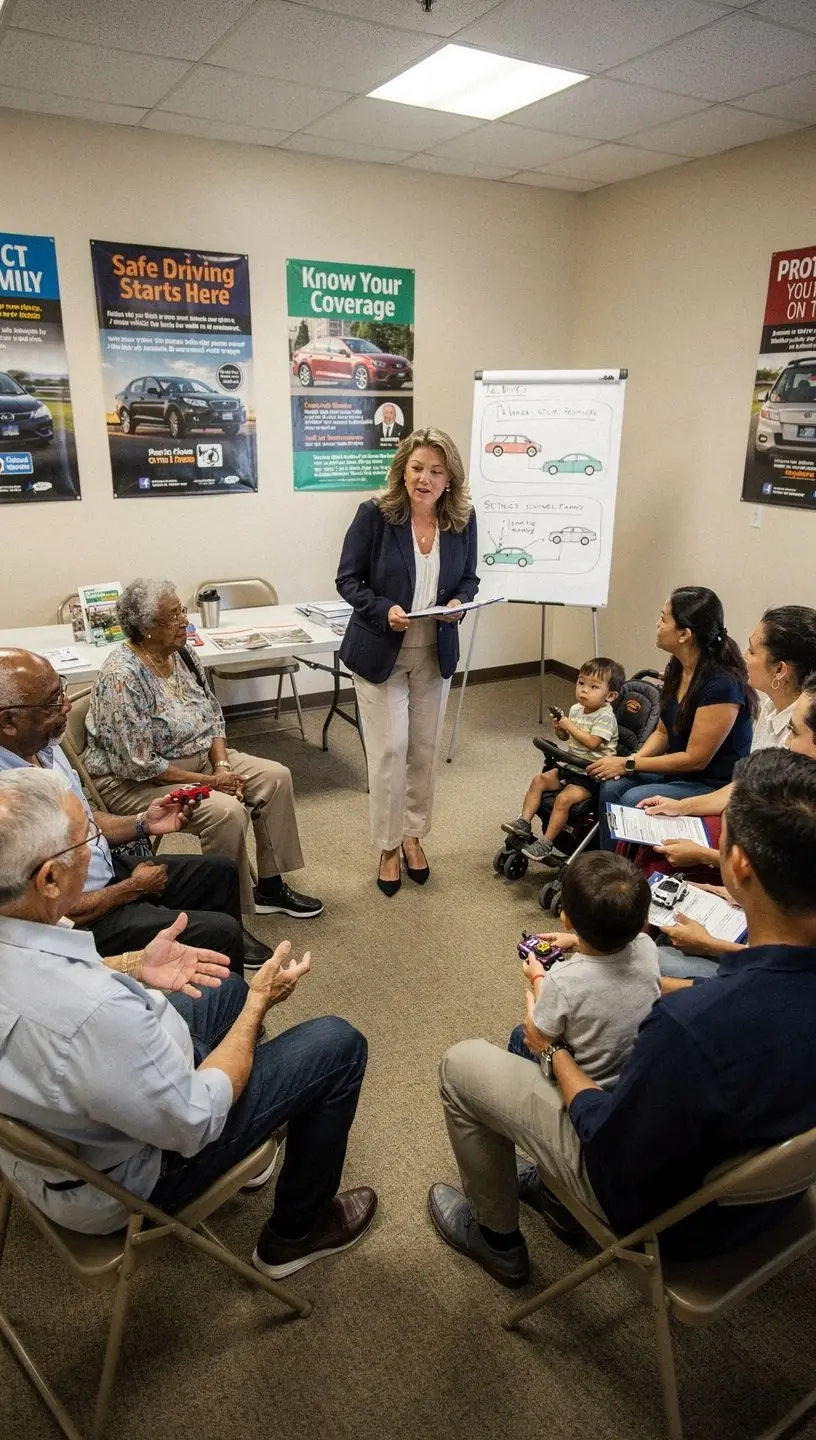 Сцена с аварией, где страховой агент помогает водителю.
