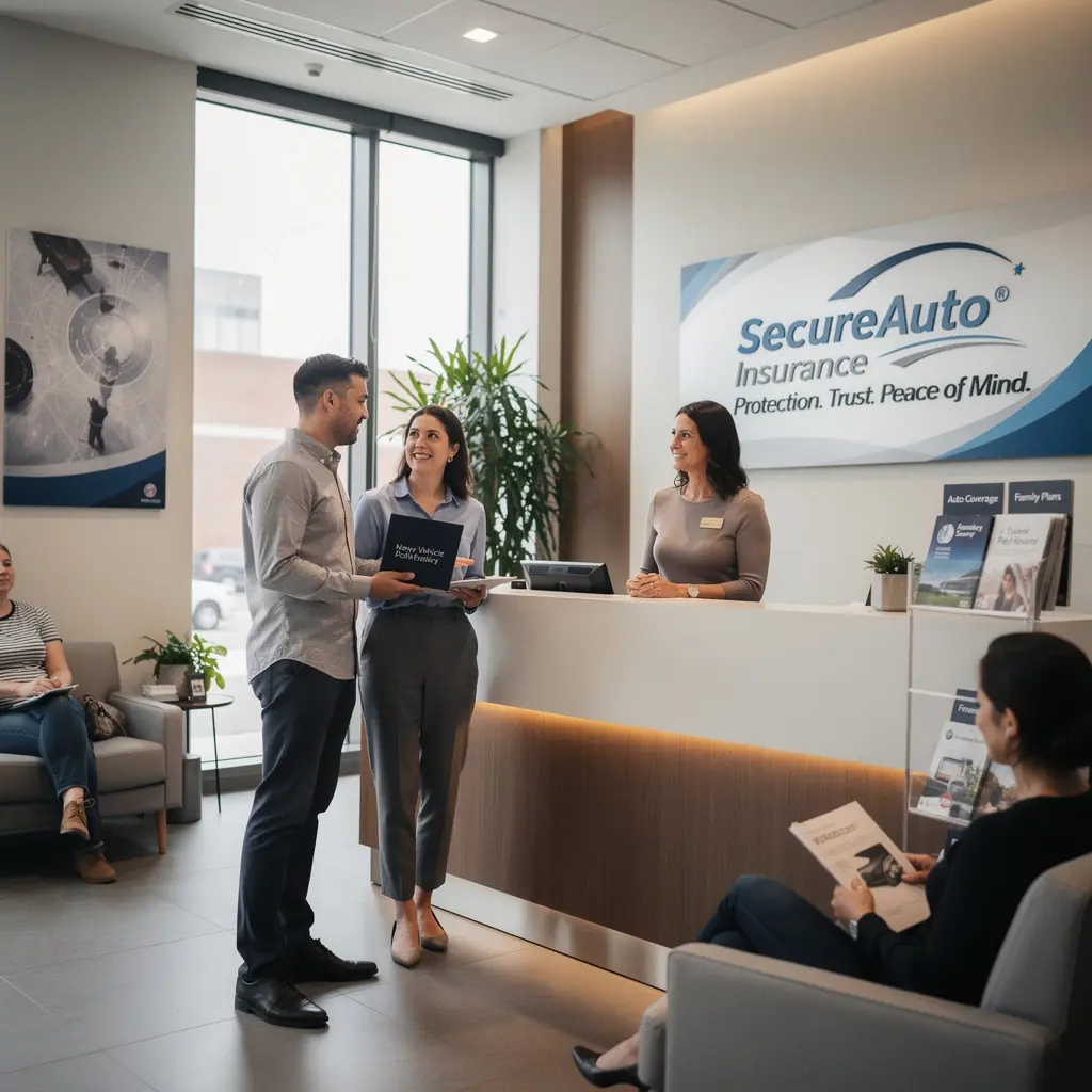 Страхование автомобиля с полным покрытием, изображение счастливой семьи в автомобиле.